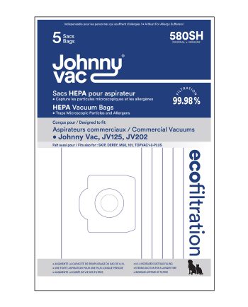 Sac en microfiltre HEPA pour aspirateur commercial Johnny Vac JV125 et JV202